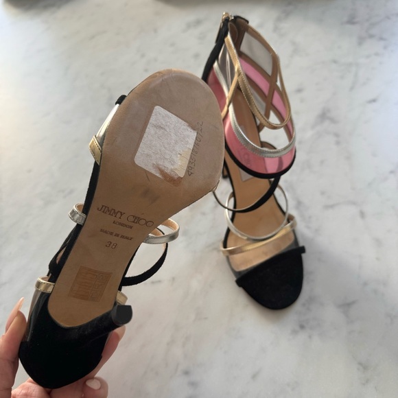 Jimmy Choo 38 MAI TAI in Black Suede Leather Strappy PVC Gold Silver Heels - Picture 6 of 7